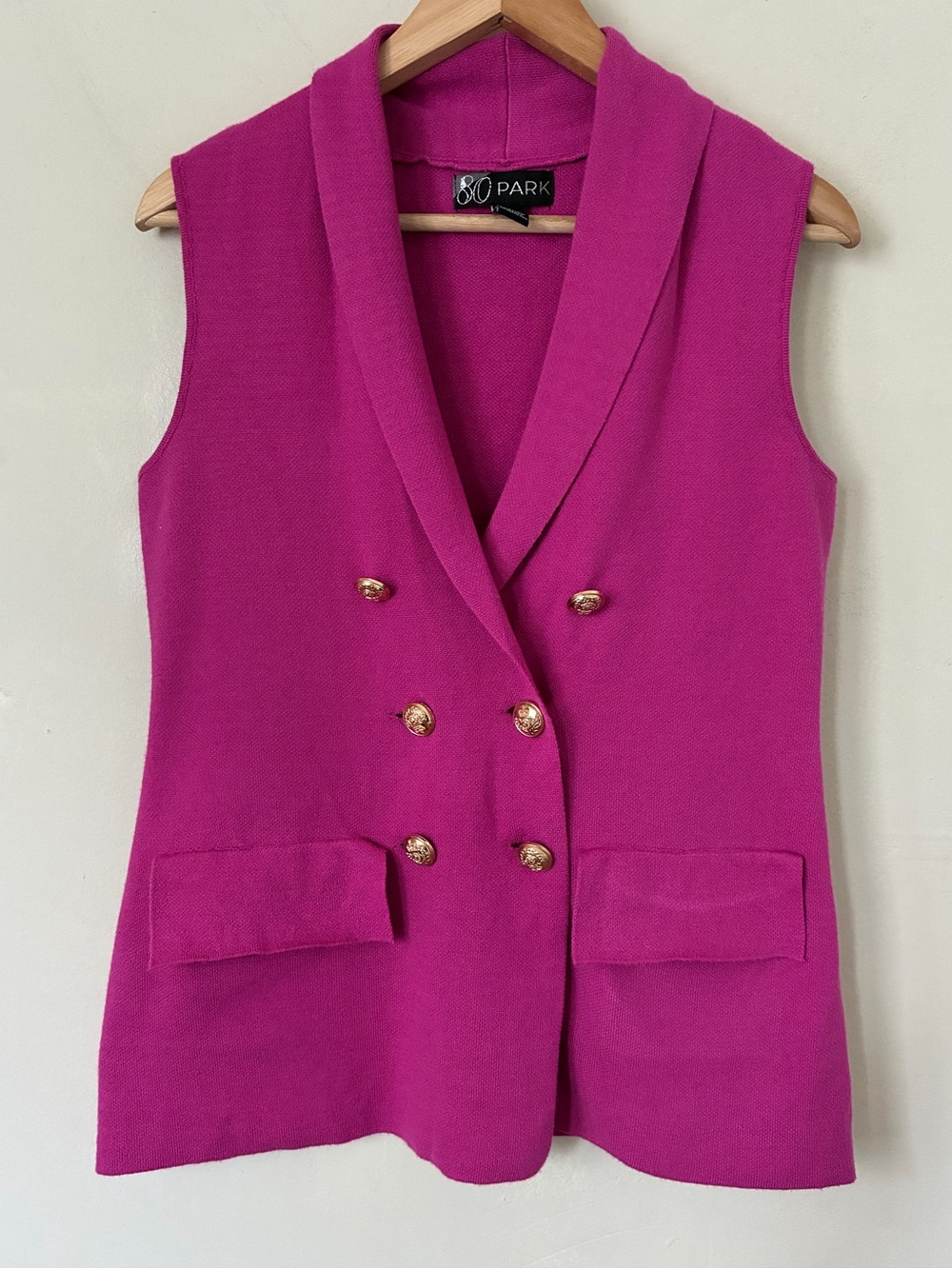 80 Park Magenta Pink Double Breasted Knit Vest Gold Buttons Shawl Collar L